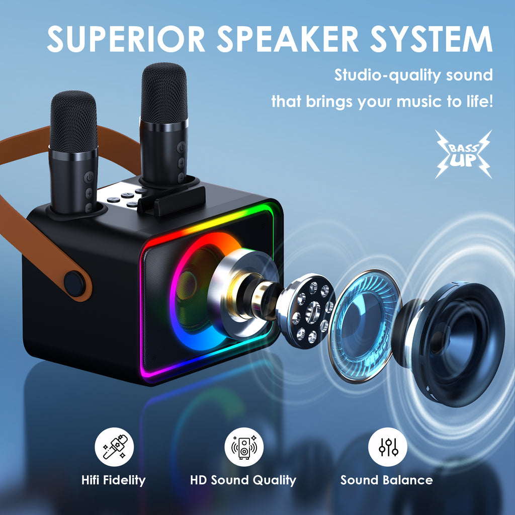 Karaoke Machine,Portable Bluetooth Speaker with 2 Wireless Microphone for Adults & Kids with LED Lights, Karaoke Microphone with PA System Supports USB/TF/AUX,Gift for Party (Black)