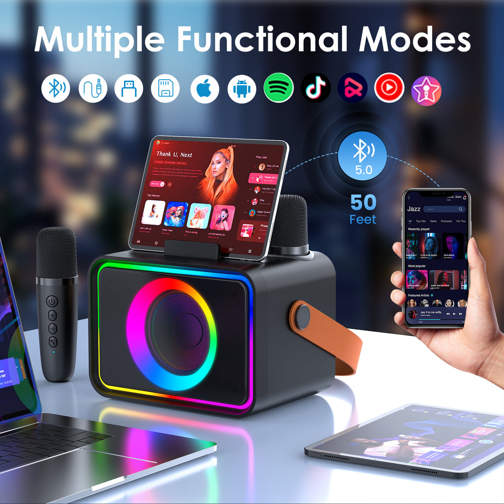 Karaoke Machine,Portable Bluetooth Speaker with 2 Wireless Microphone for Adults & Kids with LED Lights, Karaoke Microphone with PA System Supports USB/TF/AUX,Gift for Party (Black)