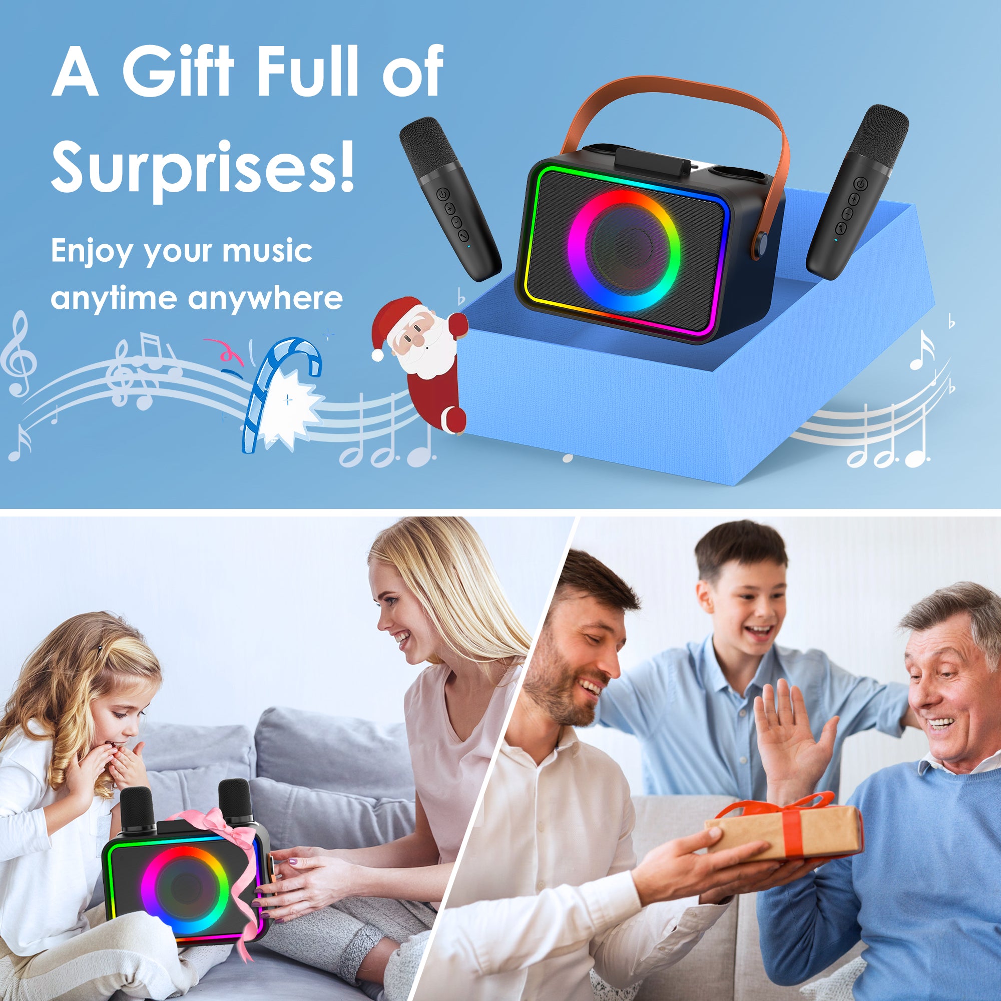 Karaoke Machine,Portable Bluetooth Speaker with 2 Wireless Microphone for Adults & Kids with LED Lights, Karaoke Microphone with PA System Supports USB/TF/AUX,Gift for Party (Black)